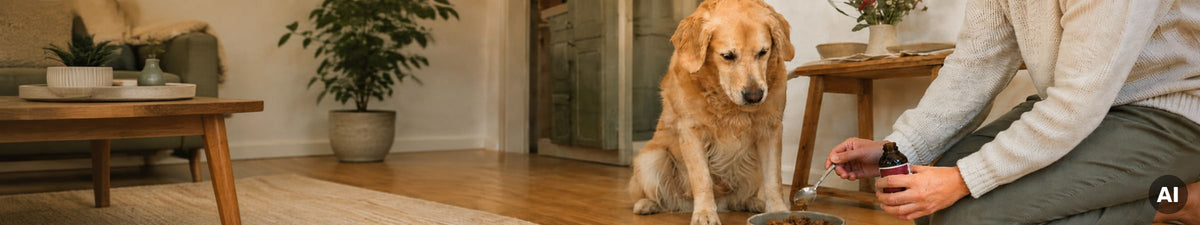 Hund sitzt vor einem Napf, während eine Person Futter hineingibt