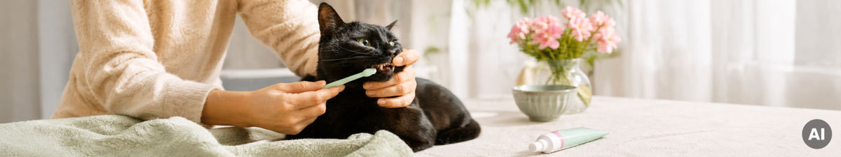 Eine Person hält eine liegende Katze und putzt ihr die Zähne