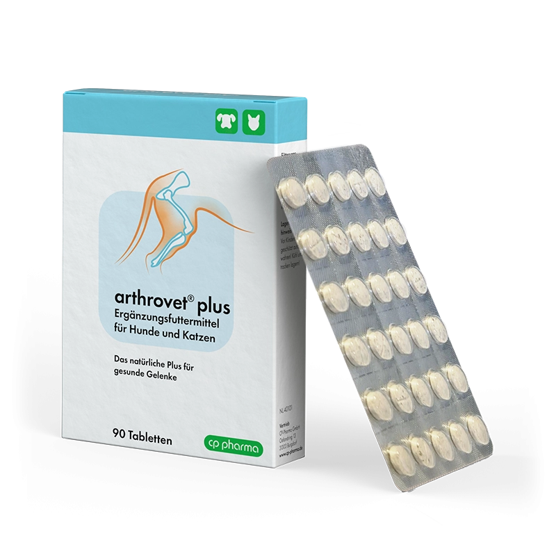 CP-Pharma arthrovet plus 90 Tabletten, Karton und Blister mit Tabletten in schräger Vorderansicht