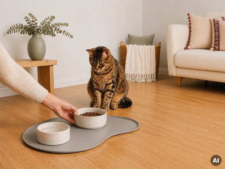 Eine Katze sitzt vor zwei Näpfen, während eine Person einen Napf berührt