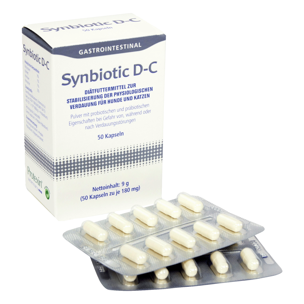 Dechra Synbiotic D-C 9 g, 50 Kapseln zu je 180 mg, Karton und Blister mit Kapseln in Vorderansicht