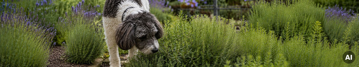 Hund hält seine Schnauze an eine Pflanze