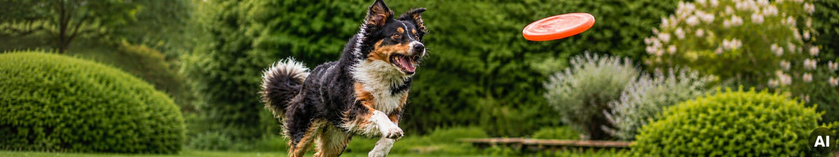 Hund springt auf einer Wiese einer Frisbee hinterher