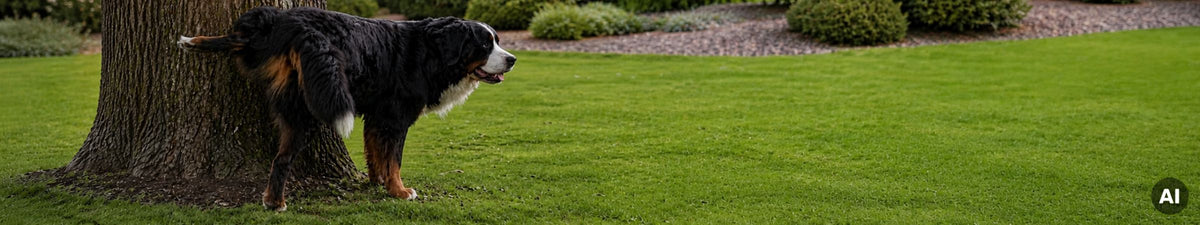 Hund hebt ein Bein an einem Baum