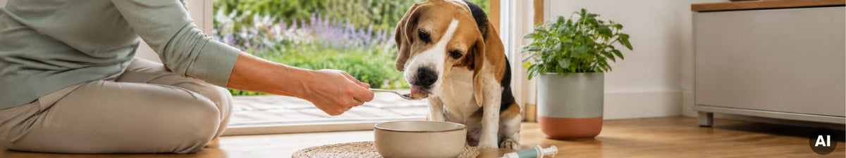 Hund leckt von einem Löffel, den eine Person über einem Futternapf hält