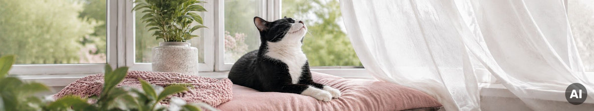 Eine Katze liegt auf einem Kissen und hebt den Kopf in die Luft