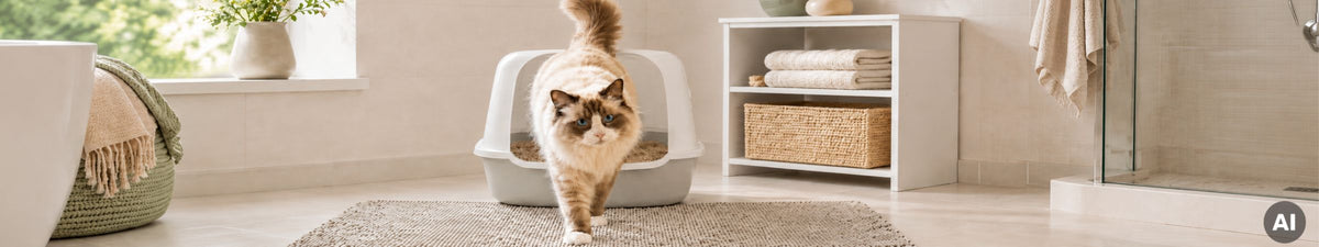 Eine Katze verlässt ein Katzenklo