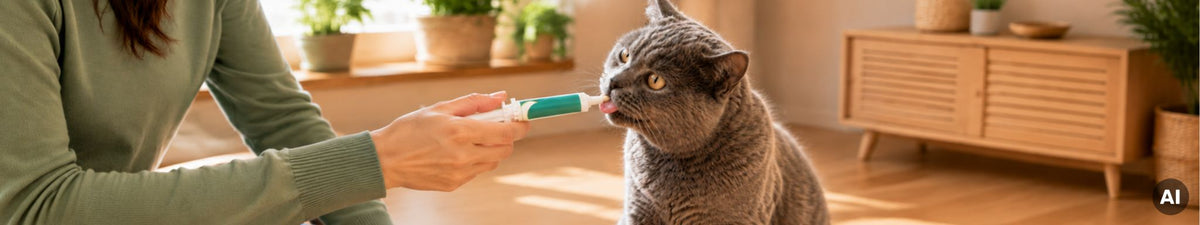 Katze leckt Paste von einer Dosierspritze, die von einer Person gehalten wird