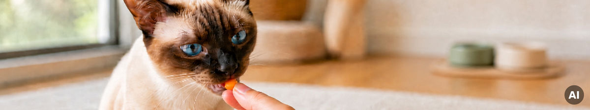 Katze nimmt eine Tablette aus der Hand einer Person
