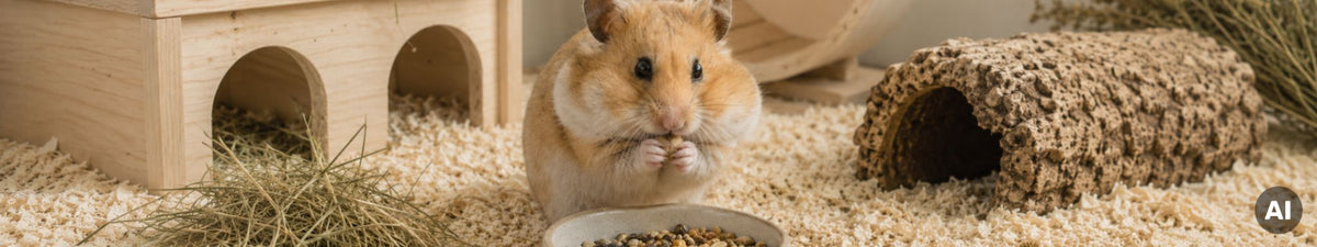 Ein Hamster sitzt vor einer Futterschüssel und frisst.
