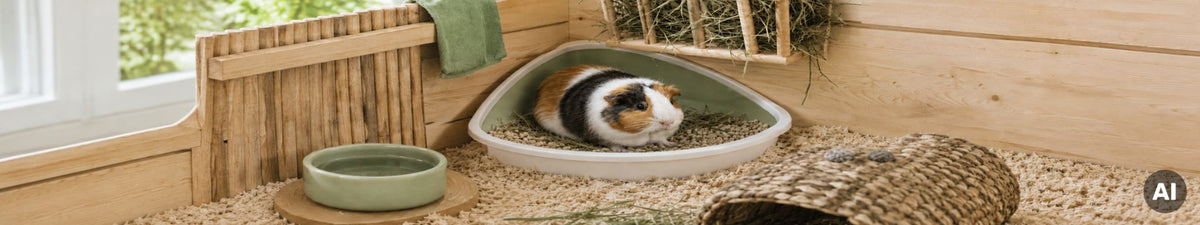 Ein Meerschweinchen sitzt in einer Kleintiertoilette