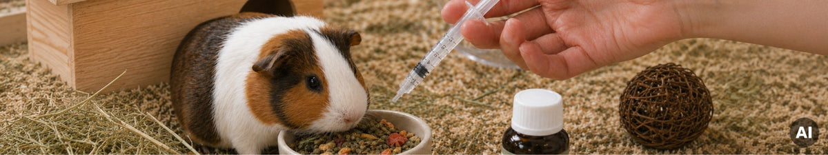 Eine Person hält eine Dosierspritze über das Futter eines Meerschweinchens