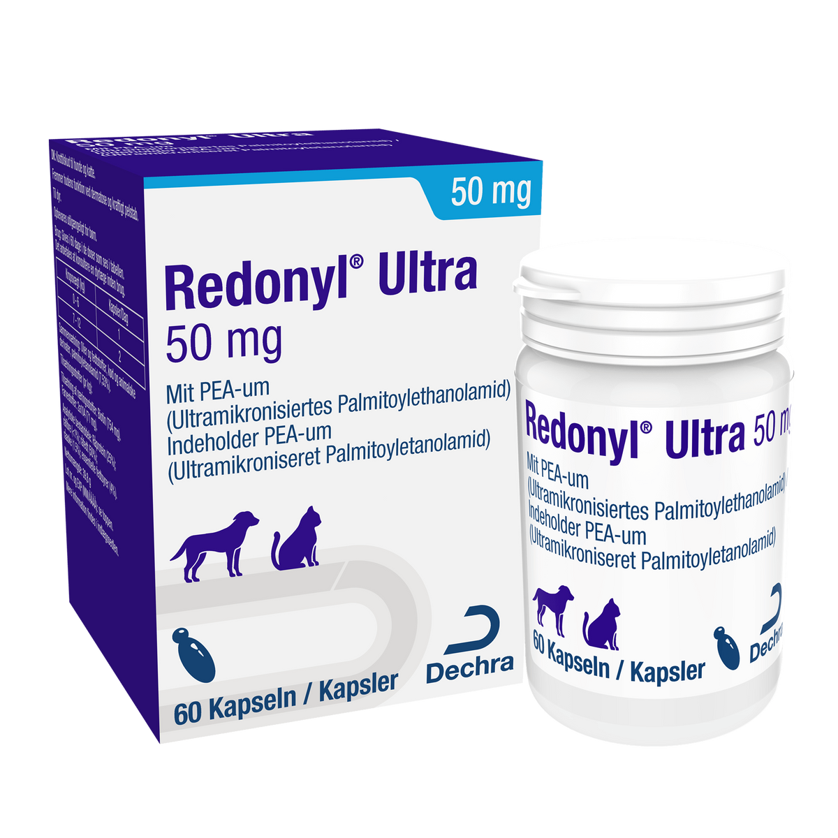 Dechra Redonyl Ultra 50 mg, 60 Kapseln, Karton und Dose in Vorderansicht