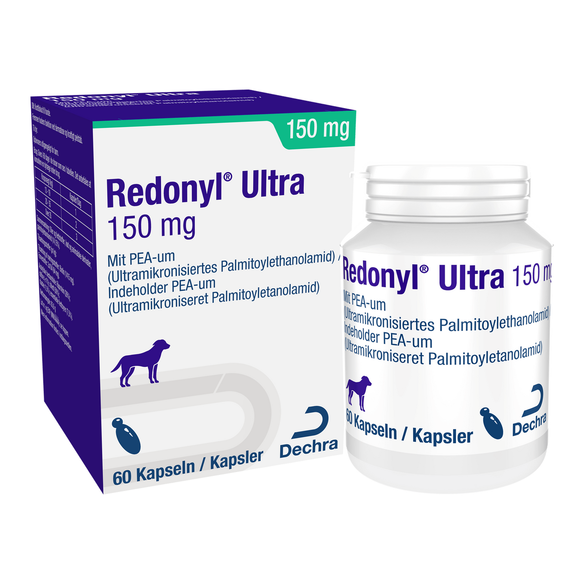 Dechra Redonyl Ultra 150 mg, 60 Kapseln, Karton und Dose in Vorderansicht