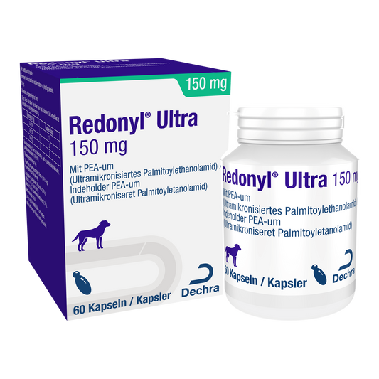 Dechra Redonyl Ultra 150 mg, 60 Kapseln, Karton und Dose in Vorderansicht