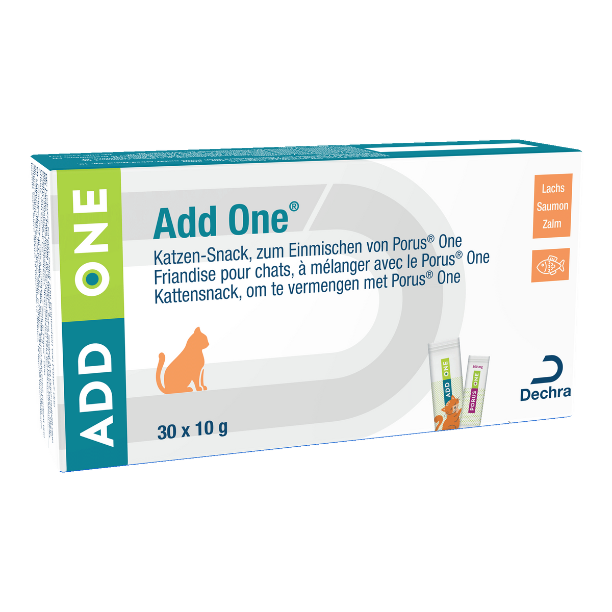 Dechra Add One Lachs 30 x 10 g, Karton in Vorderansicht