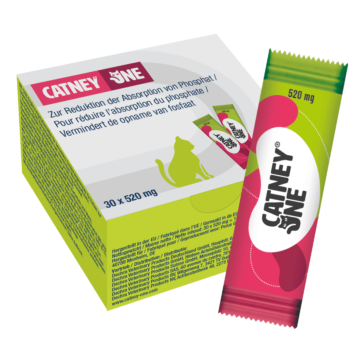 Dechra Catney One 30 x 520 mg, Karton und Portionsbeutel schräg von vorne