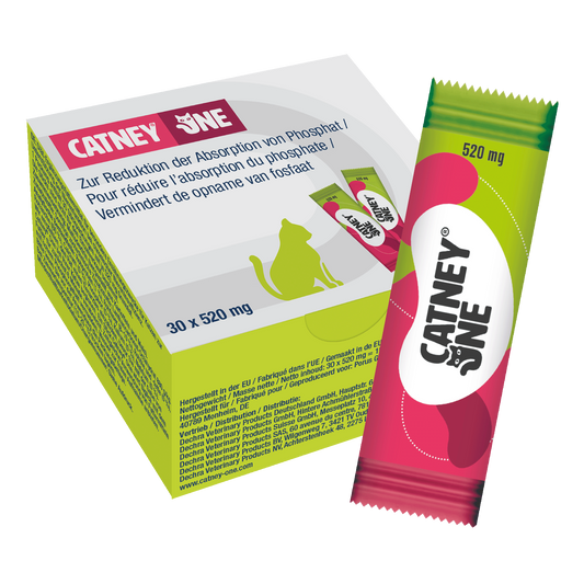 Dechra Catney One 30 x 520 mg, Karton und Portionsbeutel schräg von vorne
