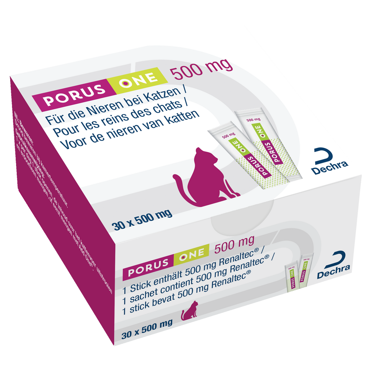 Dechra Porus One 30 × 500 mg, Karton schräg von vorn