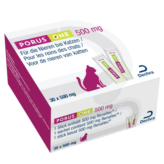 Dechra Porus One 30 × 500 mg, Karton schräg von vorn