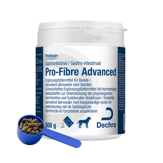Dechra Pro-Fibre Advanced 500 g, Dose mit Dosierlöffel und Pellets in Vorderansicht