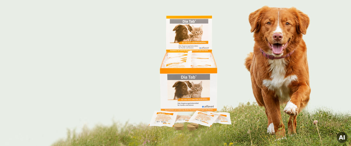 Geöffnetes alfavet Dia Tab Display mit einzeln verpackten Kautabletten neben einem braun-weißen Hund auf einer Wiese.