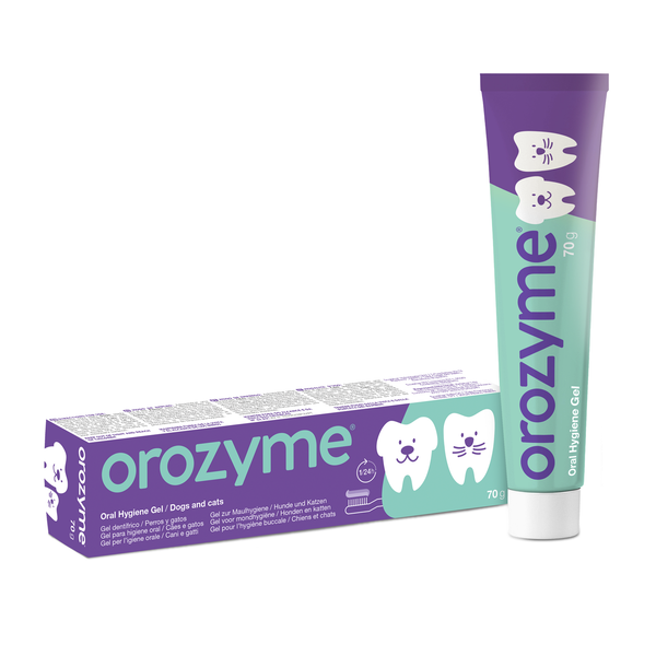 Ecuphar Orozyme Oral Hygiene Gel 70 g, Karton und Tube in Vorderansicht