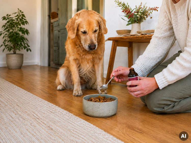 Hund sitzt vor einem Futternapf, während eine Person einen Löffel darüber hält
