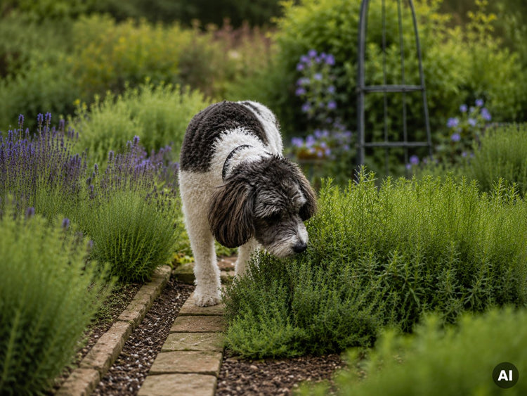 Hund hält seine Schnauze an eine Pflanze