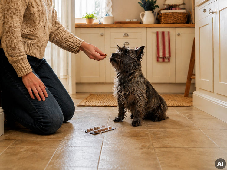 Hund sitzt vor einer Person, die ihm die Hand entgegenhält