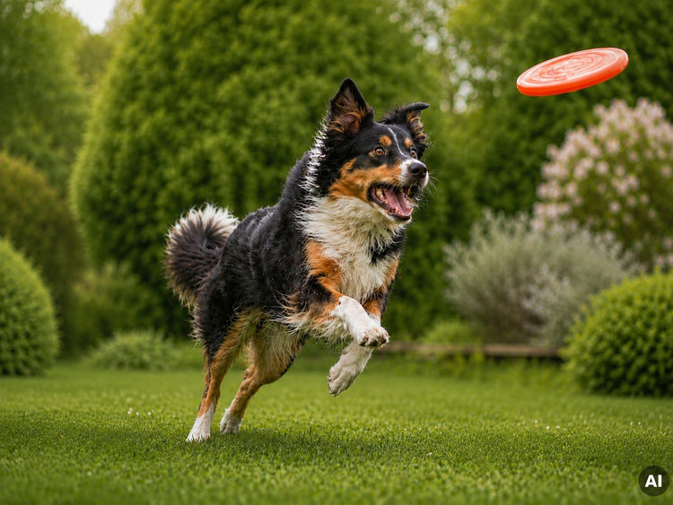Hund springt auf einer Wiese einer Frisbee hinterher