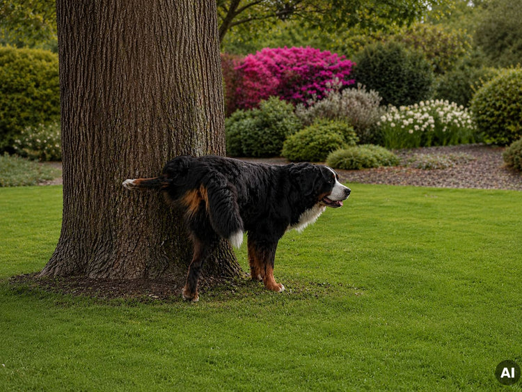 Hund hebt ein Bein an einem Baum
