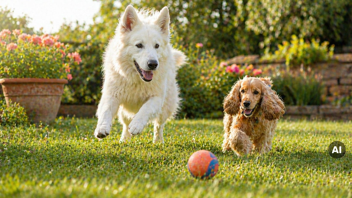 Zwei Hunde laufen auf einer Wiese einem Ball entgegen