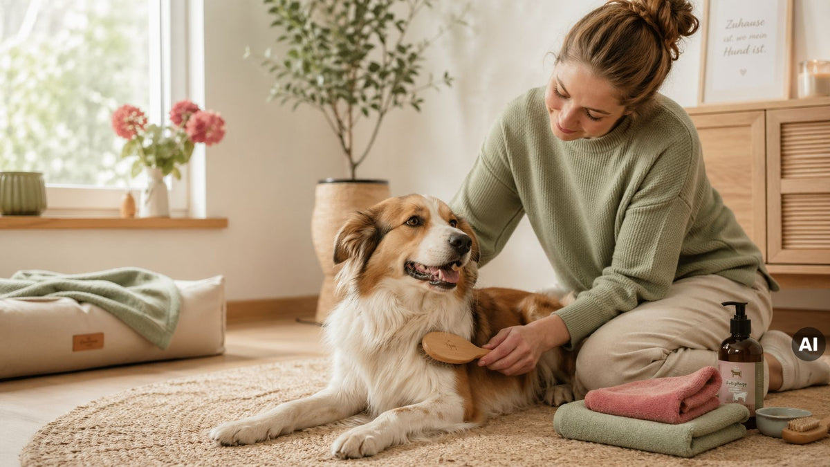Eine Person bürstet einen liegenden Hund