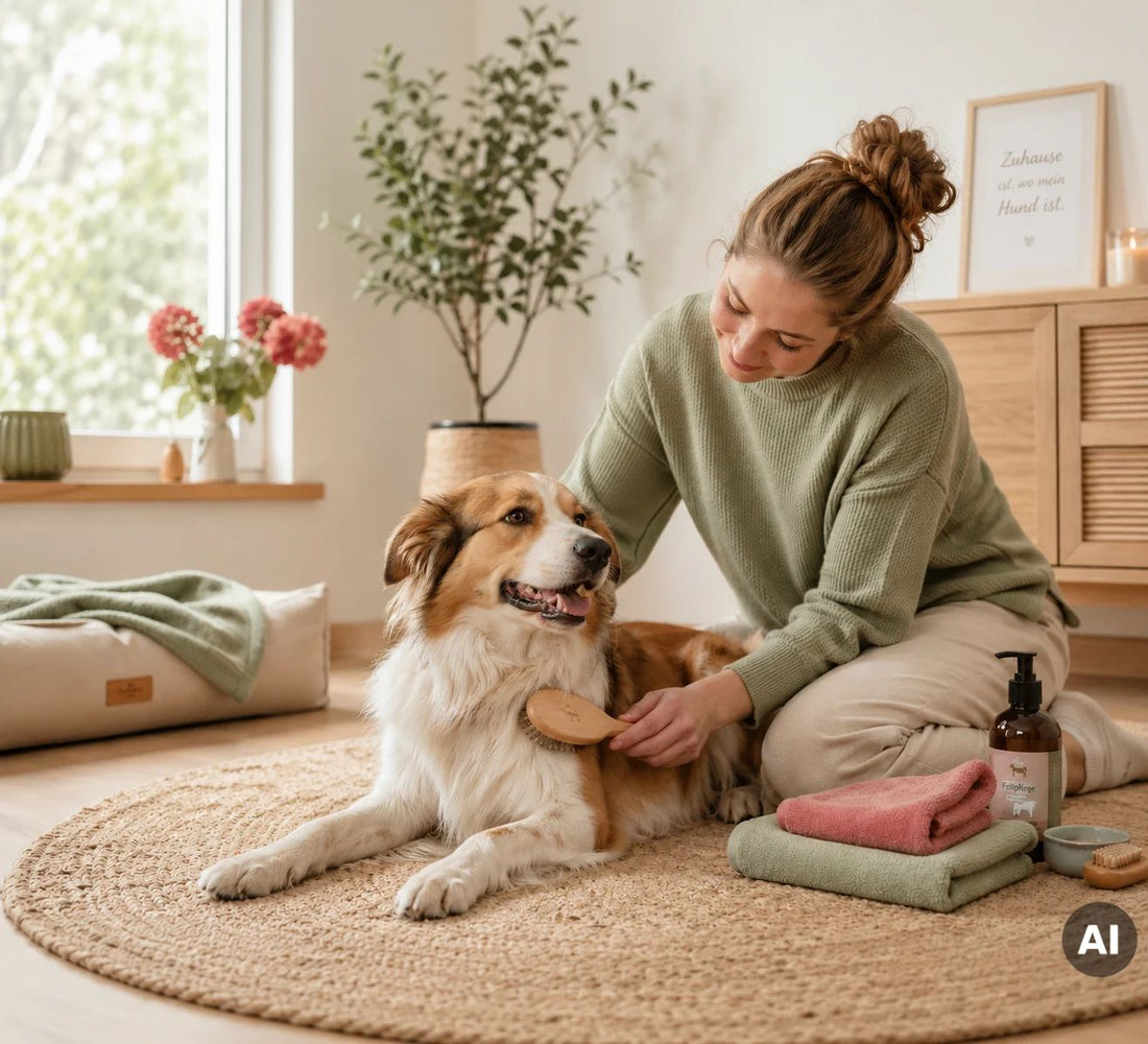 Eine Person bürstet einen liegenden Hund