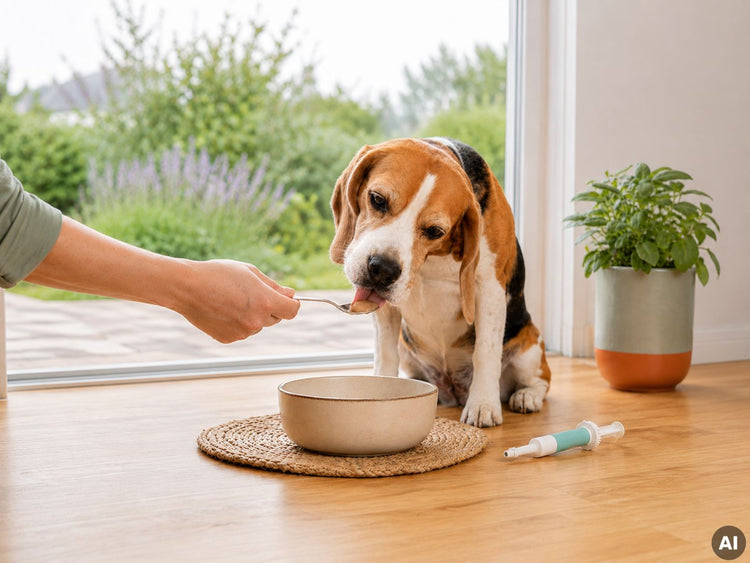 Hund leckt von einem Löffel, den eine Person über einem Futternapf hält