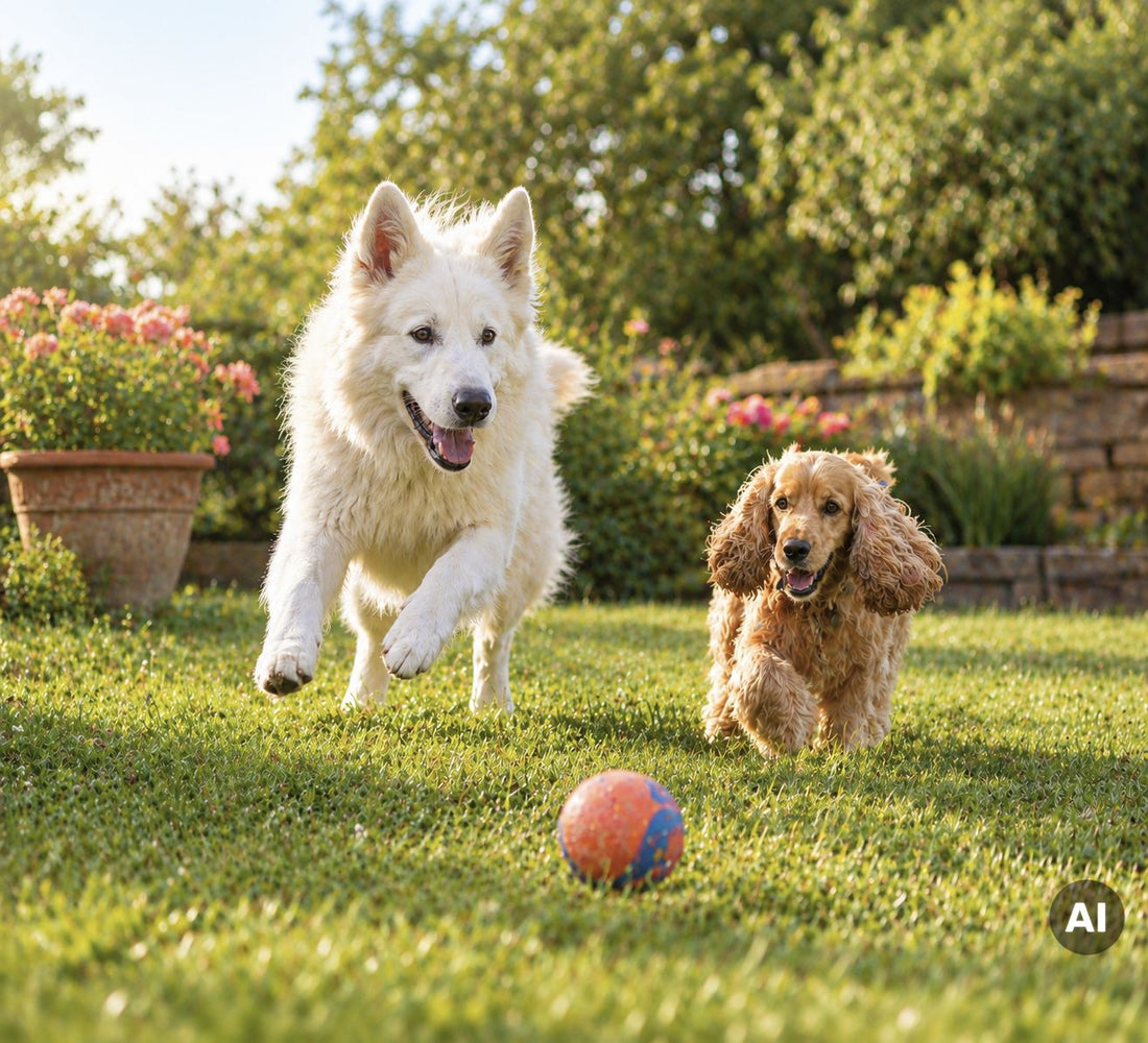 Zwei Hunde laufen auf einer Wiese einem Ball entgegen