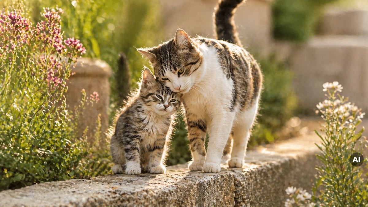 Eine Katze steht auf einem Steinweg und schmiegt ihren Kopf an ein Kätzchen