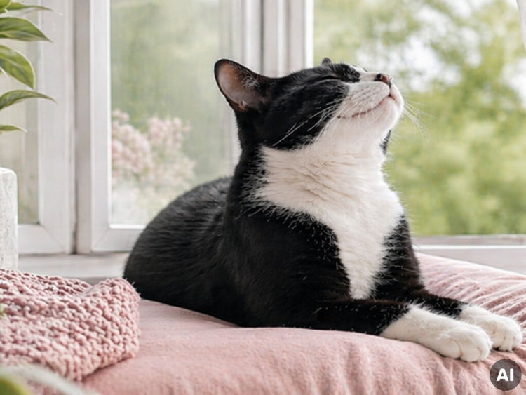 Eine Katze liegt auf einem Kissen und hebt den Kopf in die Luft