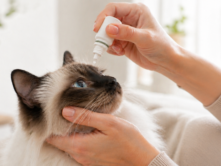Eine Person hält den Kopf einer Katze und gibt ihr Tropfen ins Auge