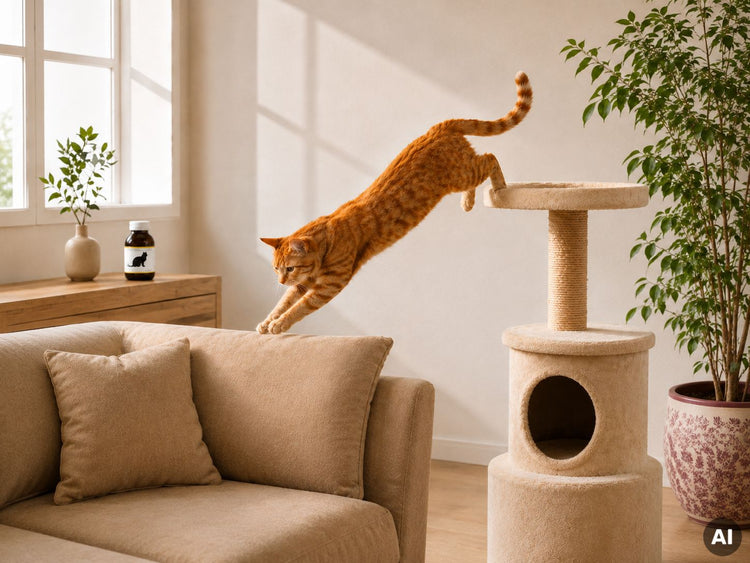 Katze springt von einem Kratzbaum auf ein Sofa