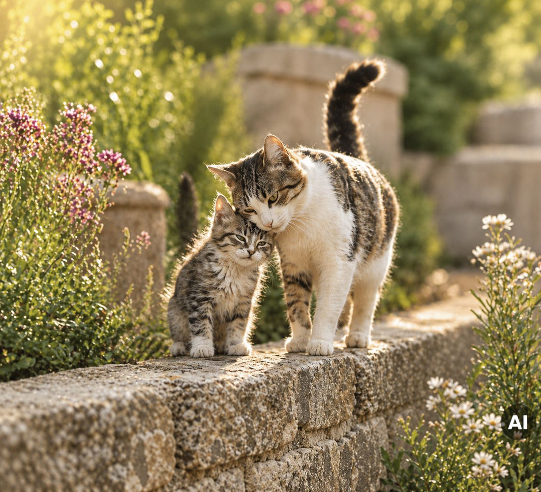 Eine Katze steht auf einem Steinweg und schmiegt ihren Kopf an ein Kätzchen