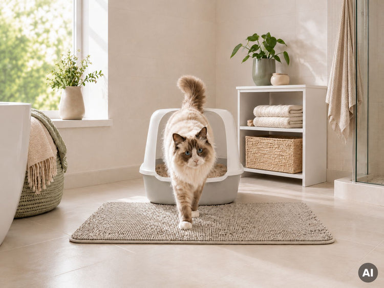 Eine Katze verlässt ein Katzenklo