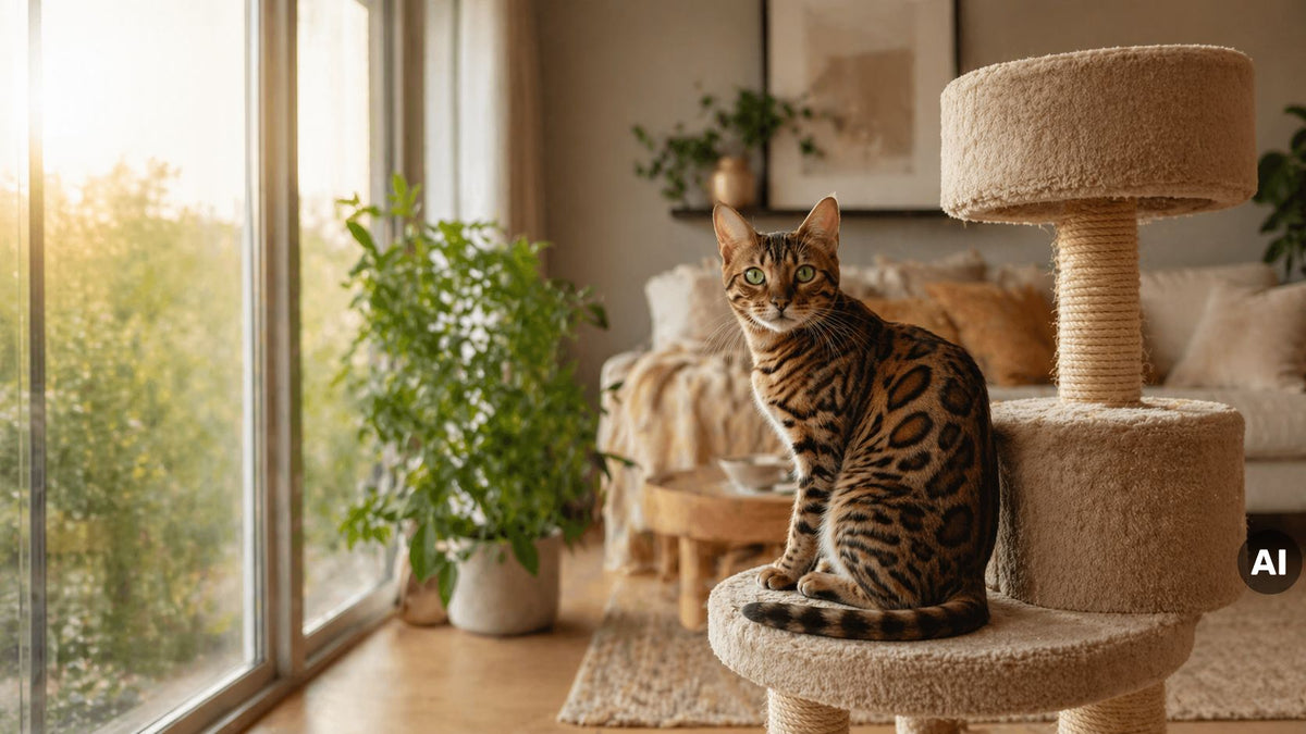 Eine Katze sitzt auf einem Kratzbaum am Fenster