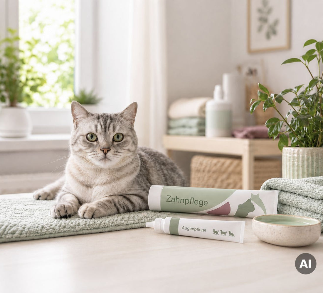 Eine Katze liegt auf einer Matte neben Pflegeprodukten und Handtüchern