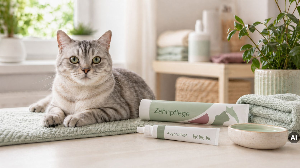 Eine Katze liegt auf einer Matte neben Pflegeprodukten und Handtüchern
