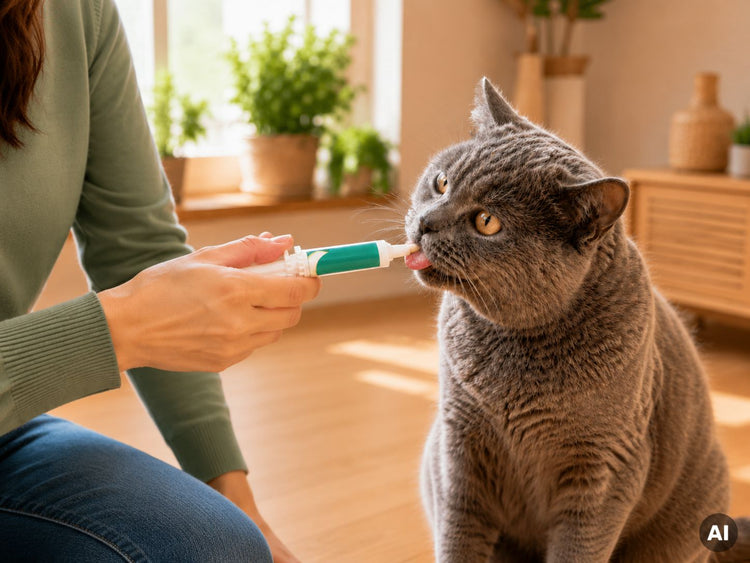 Katze leckt Paste von einer Dosierspritze, die von einer Person gehalten wird