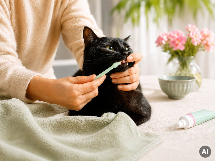 Eine Person hält eine liegende Katze und putzt ihr die Zähne