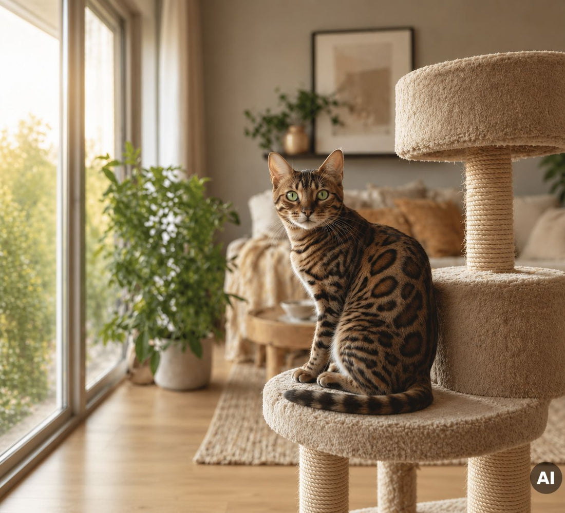 Eine Katze sitzt auf einem Kratzbaum am Fenster
