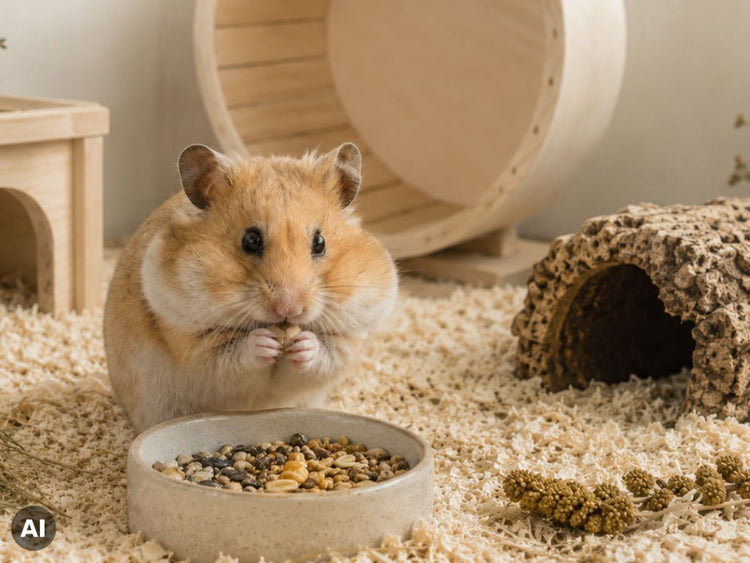 Ein Hamster sitzt vor einer Futterschüssel und frisst.